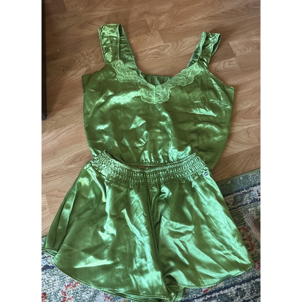 Adore Me Women's Large Lace Satin Tank & Shorts PJ Set Lingerie - Emerald Green
